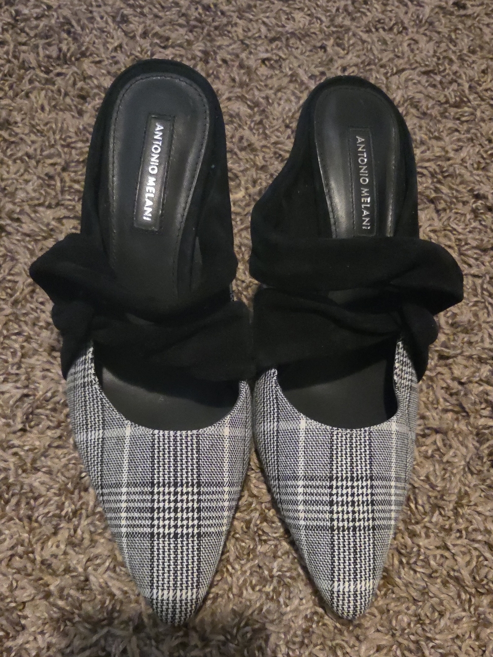 ANTONIO MELANI Black Knotted Plaid Pointed-Toe Mules